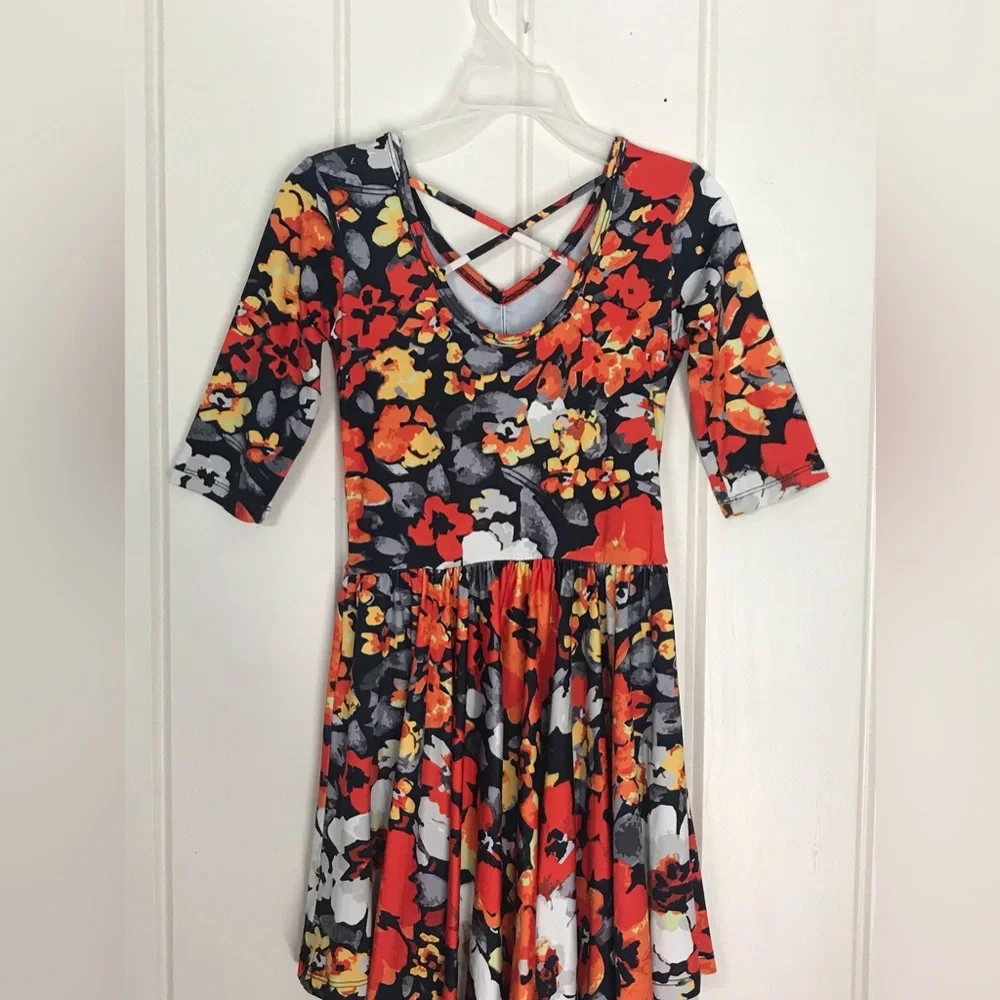 Girls Dot Dot Smile Multicolor Round Neck Graphic Flower Floral Dress 5 / 6 XS